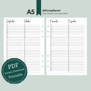 A5: Annual planner (3M1S) in script style (universal) / annual overview as PDF / 6 months per double page / ring binder insert A5 / printable