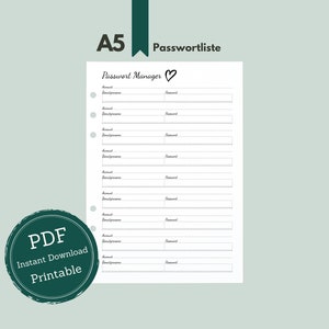 A5 // Passwort Manager für A5 Ringbuchplaner // Notiere Passwörter & Zugangsdaten für Webseiten/Accounts // A5 Passwortliste "What you love"