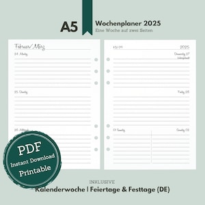A5 // 2025 // Weekly Planner &quot;Honey&quot; (Lined) // One week per double page (1W2S) // Inserts for A5 Ring Planner / A5 Calendar Printable 2025