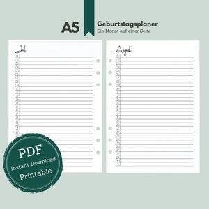 A5: Birthday planner in &quot;Script&quot; style / birthday overview / A5 birthday calendar / A5 printable / ring binder planner inserts PDF