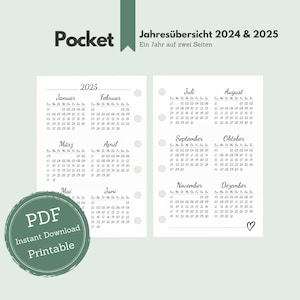 Pocket // Annual overview 2024 & 2025 in the style &quot;What you love&quot; / One year at a glance / Annual planner / a7 calendar inserts / Pocket Printable