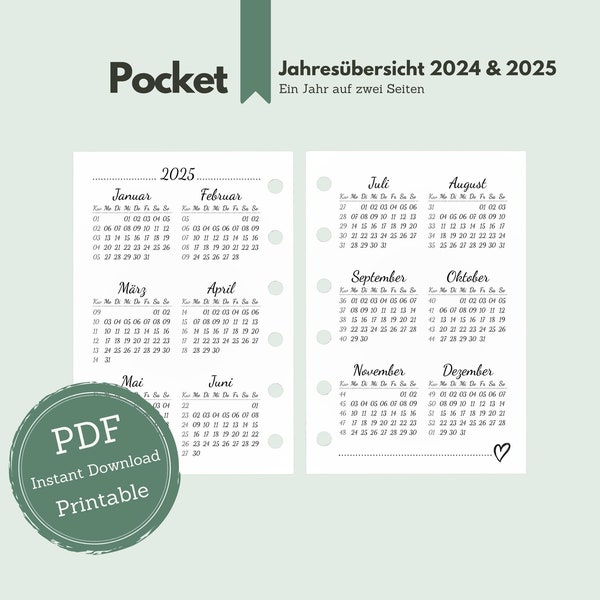 Pocket // Jahresübersicht 2024 & 2025 im Stil "What you love" / One year at a glance / Jahresplaner / a7 Kalendereinlagen / Pocket Printable