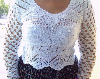 White Cotton Blouse, Handmade Lace Top, White Summer Knitted Blouse, Lace Boho White Top, Woman White Lace Blouse