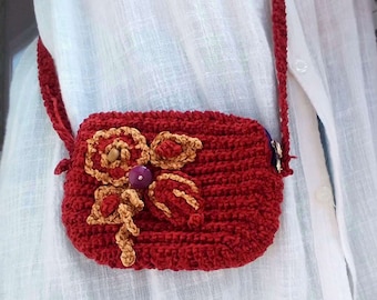 Sac à main bordeaux unique pour femme, mini sac à bandoulière au crochet unique avec décoration.