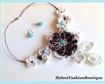 Halskette und Ohrringe, Häkelblume Halskette, Frau Geschenk, Handgemachter Schmuck, Handwerker Schmuck, Handgemachte Boho Colie mit Ohrringen Aquamarin