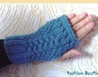 Blue Chunky Arm Warmers, Gants de câble sans doigts tricotés à la main, Gants d’hiver, Cadeau, Cadeau de Noël