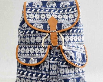 Women's fabric backpack, Backpack with flap and two front pockets, Backpack with elephants