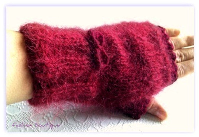 Bordeaux Wol Mohair Chunky Arm Warmers, Handgebreide Vingerloze Kabel Handschoenen, Winter handschoenen, Cadeau, Kerstcadeau afbeelding 1