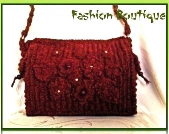 Sac à main bordeaux unique pour femme, sac à bandoulière au crochet unique avec décoration.