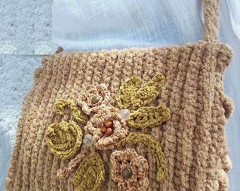 Unieke beige handtas voor dames, unieke gehaakte schoudertas met decoratie