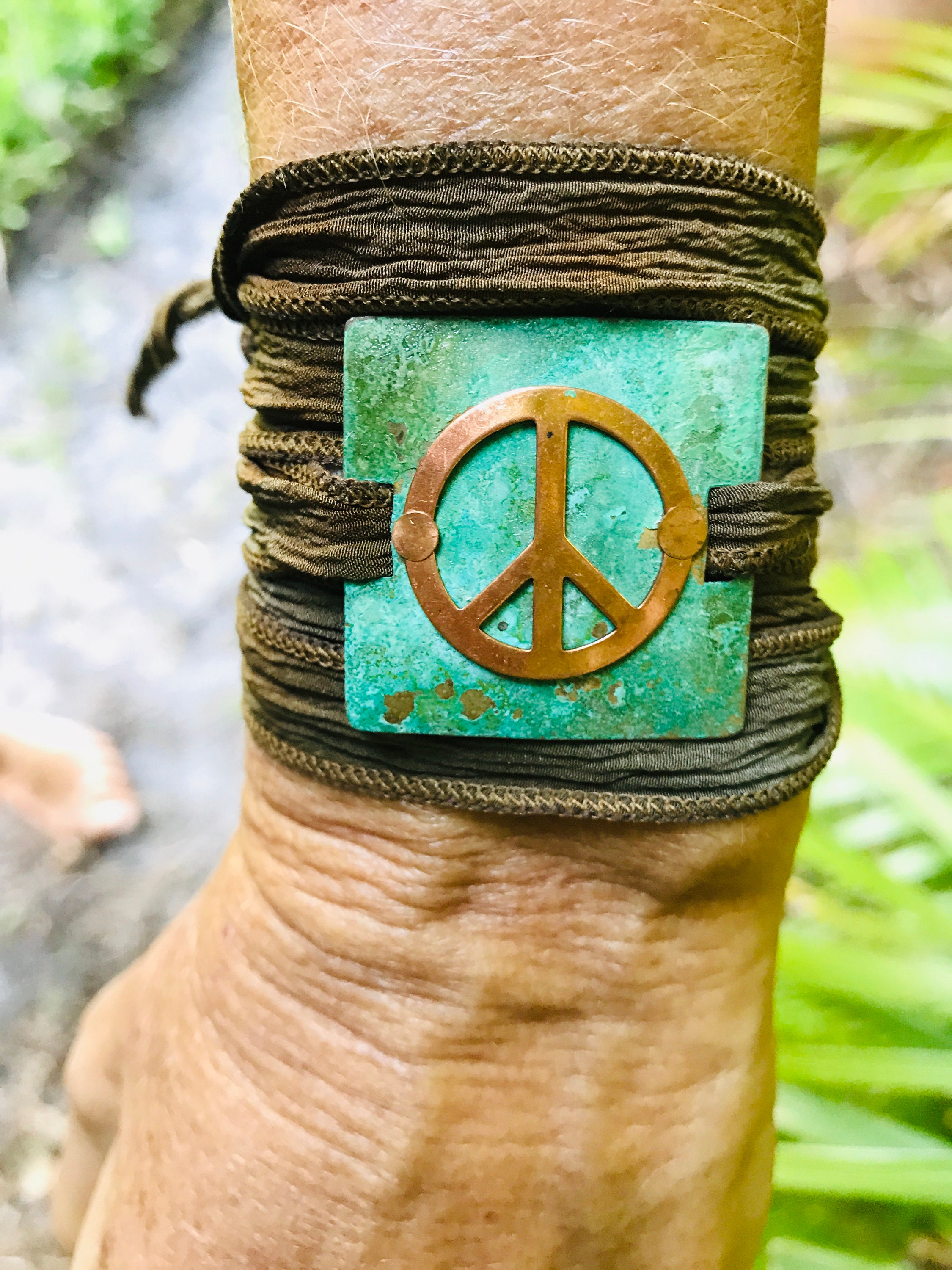 Copper Peace Sign on Patina Brass With Brown Silk Ribbon - Etsy
