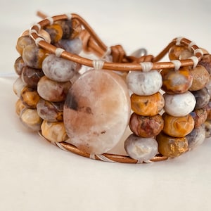 Faceted Picasso Jasper Beaded Bracelet with large Oval Centerpiece Gemstone - button closure