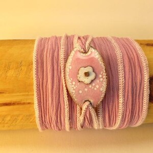 Pink Wrap Bracelet - Enameled flower on Pink Ribbon
