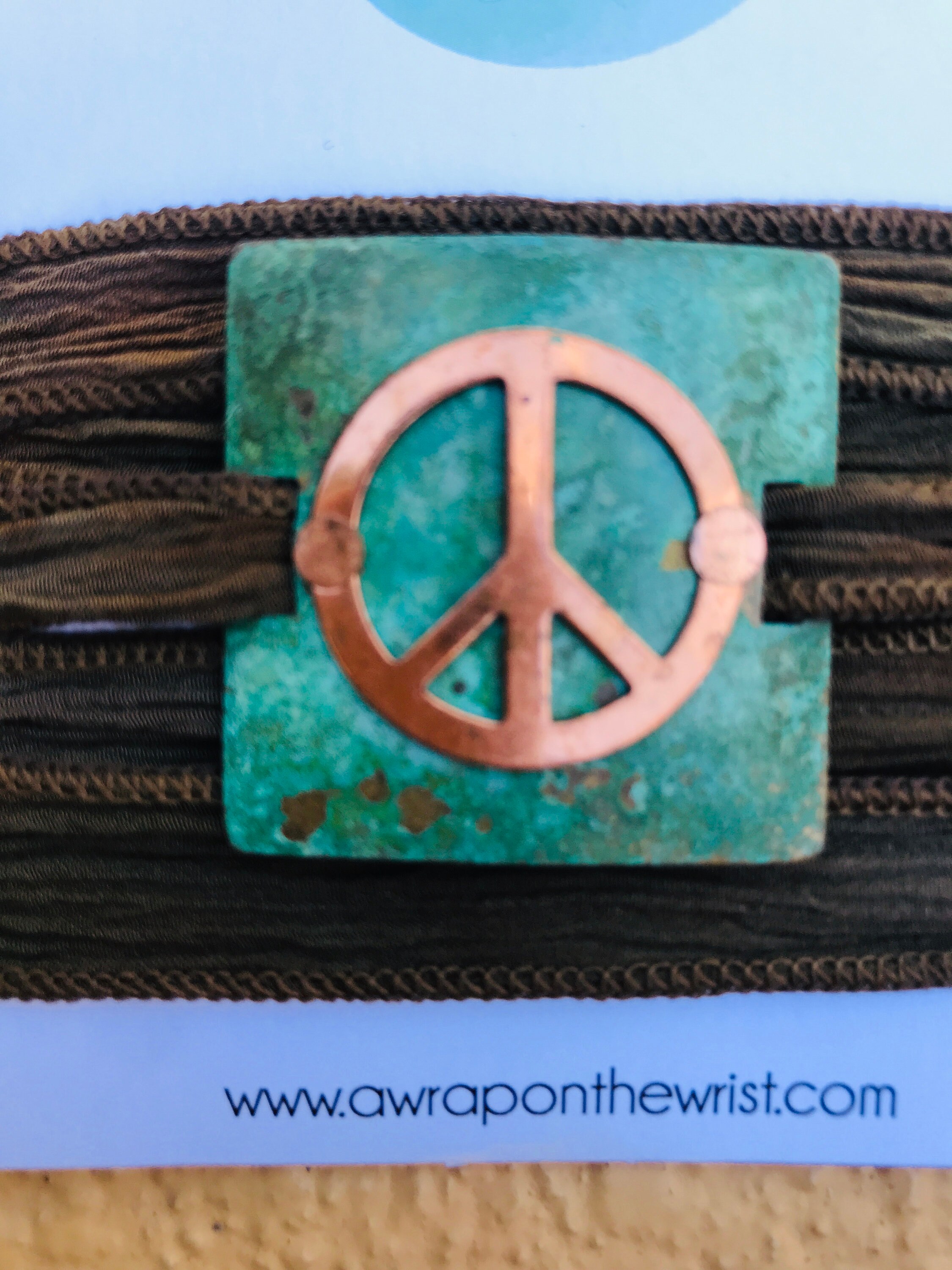 Copper Peace Sign on Patina Brass With Brown Silk Ribbon - Etsy