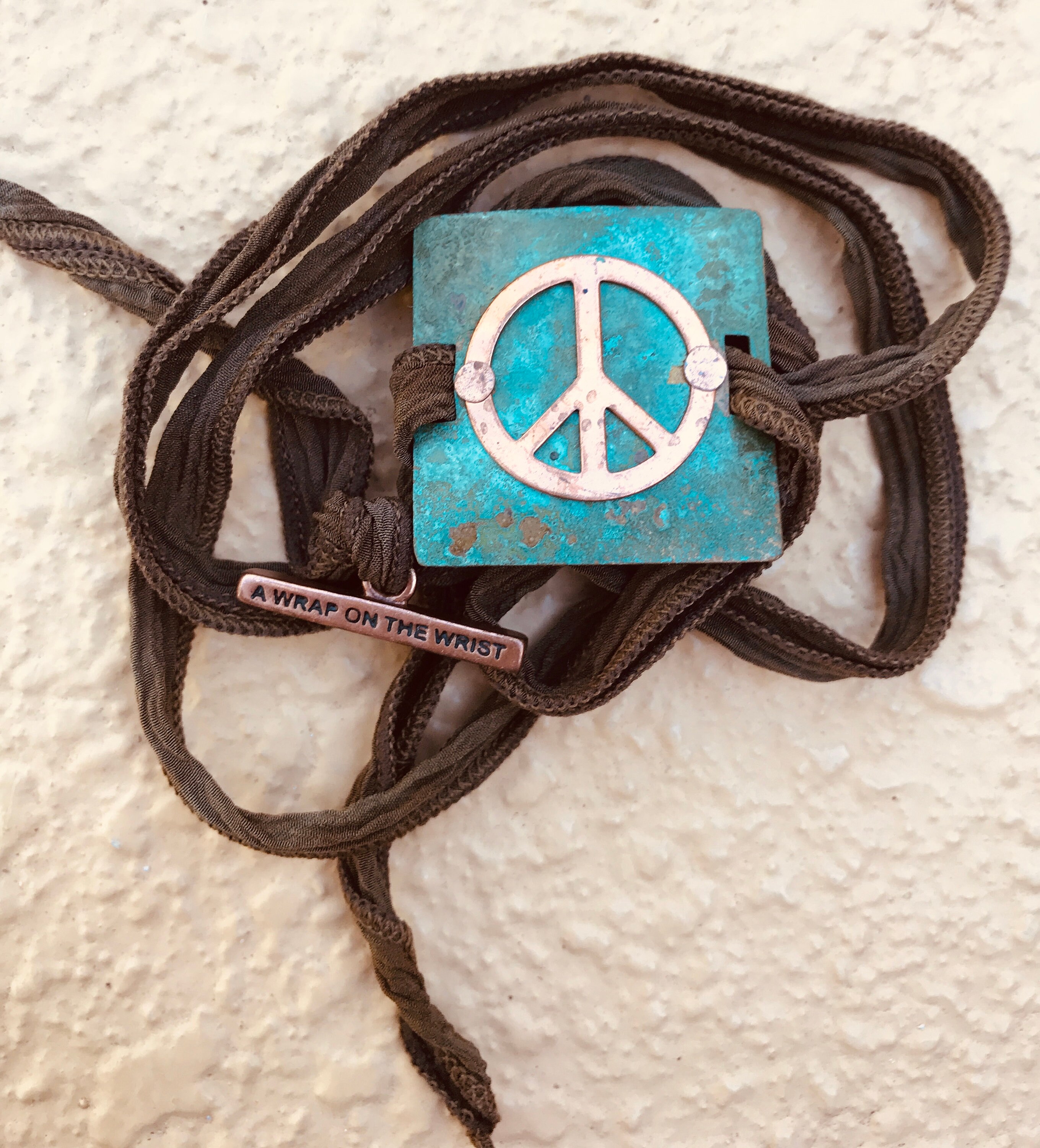 Copper Peace Sign on Patina Brass With Brown Silk Ribbon - Etsy