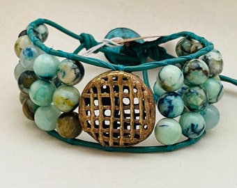 Beaded Bracelet with Turquoise beads and African Brass Baule