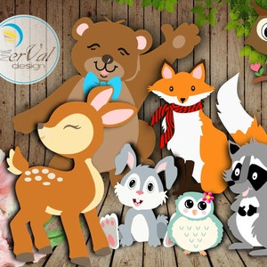 May include: A set of woodland animal cutouts, including a brown bear, a fox, a deer, a rabbit, an owl, and a raccoon. The animals are all smiling and have friendly expressions. The cutouts are perfect for a woodland-themed party or craft project.
