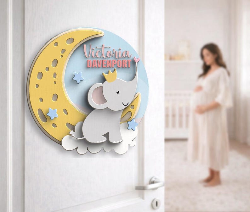 Laser Cut Elephant Moon Baby Name Sign | Nursery Decor SVG (digital ...