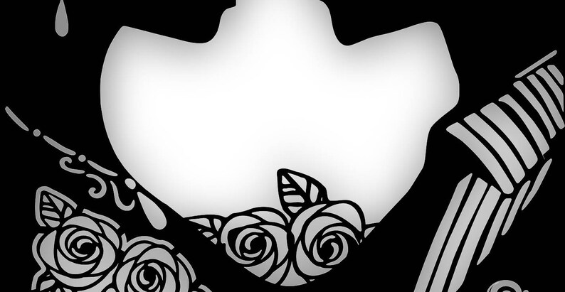 K&ouml;nnte beinhalten: Schwarz-wei&szlig; Grafikdesign mit einer stilisierten Herzform mit Rosen am unteren Rand. Das Design enth&auml;lt dekorative Elemente und eine Tropfenform. Das Gesamtthema ist romantisch und k&uuml;nstlerisch.