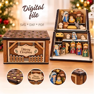 Puede incluir: Un set de belén de madera con una caja plegable, tapa con recortes de estrellas y un letrero que dice Merry Christmas. El interior muestra figuras de la sagrada familia, los reyes magos y animales. Texto: Digital file, SVG, DXF, PDF.