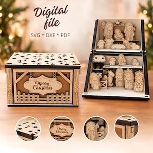 May include: A laser-cut wooden nativity scene set that folds into a box with a star-patterned lid. The box features a Merry Christmas sign and a fence design. The interior displays various figures including people, animals, and a manger.