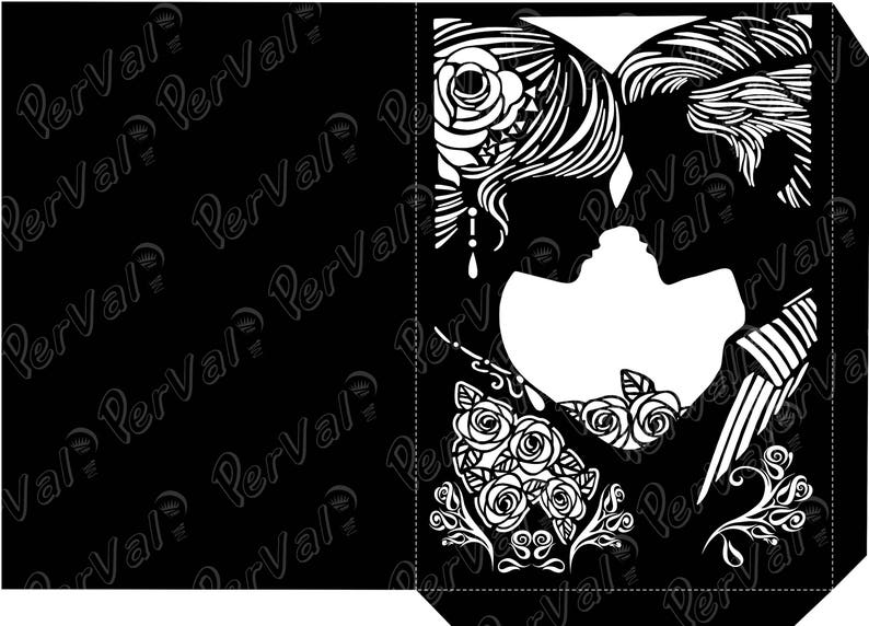 K&ouml;nnte beinhalten: Schwarz-wei&szlig;e Karte mit romantischem Design. Sie zeigt die Silhouetten zweier Gesichter, die sich k&uuml;ssen, umgeben von floralen und dekorativen Elementen. Das Wort "Perval" wiederholt sich diagonal auf dem schwarzen Hintergrund.