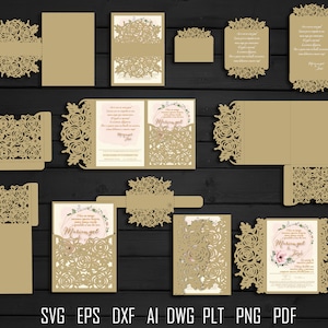 Laser cut Rose Wedding Invitation SVG template set, 5x7 in, 9 pieces (svg, dxf, eps, ai, dwg, png, pdf ),Tri Fold card.