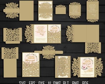 Laser cut Rose Wedding Invitation SVG template set, 5x7 in, 9 pieces (svg, dxf, eps, ai, dwg, png, pdf ),Tri Fold card.