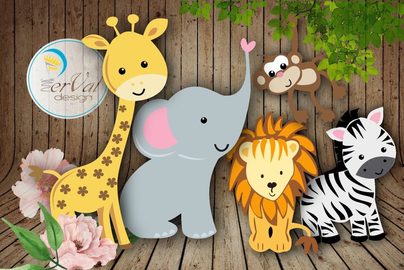 May include: A collection of cartoon animal cutouts, including a giraffe, elephant, monkey, lion, and zebra, against a wooden background. The giraffe is yellow with brown spots, the elephant is gray with pink ears, and the lion has a brown mane.