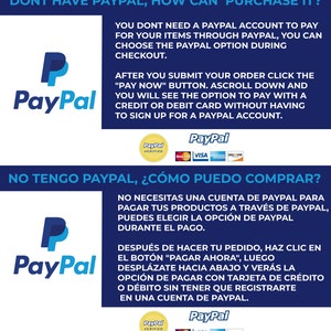 K&ouml;nnte beinhalten: Grafik mit dem PayPal-Logo und Text in Englisch und Spanisch, der erkl&auml;rt, wie man ohne PayPal-Konto bezahlen kann. Das Bild enth&auml;lt das PayPal-Logo, Kreditkartenlogos und die Worte "PayPal Verified".