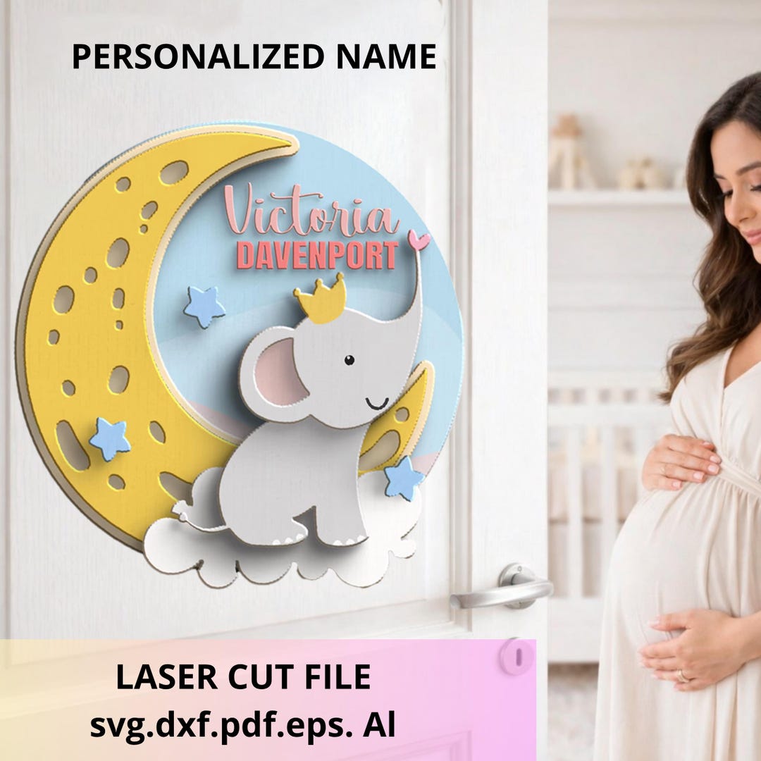 Laser Cut Elephant Moon Baby Name Sign | Nursery Decor SVG (digital ...