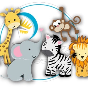 May include: A colorful illustration of cartoon safari animals. The image features a giraffe, elephant, zebra, monkey, and lion. The animals are in a playful style with bright colors and friendly expressions, perfect for children's products.