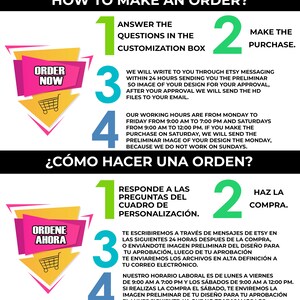 K&ouml;nnte beinhalten: Infografik mit Anweisungen zur Bestellung, auf Englisch und Spanisch. Die Schritte sind nummeriert und umfassen das Beantworten von Fragen, den Kauf und die Kommunikation &uuml;ber Etsy-Nachrichten. Arbeitszeiten sind ebenfalls angegeben.