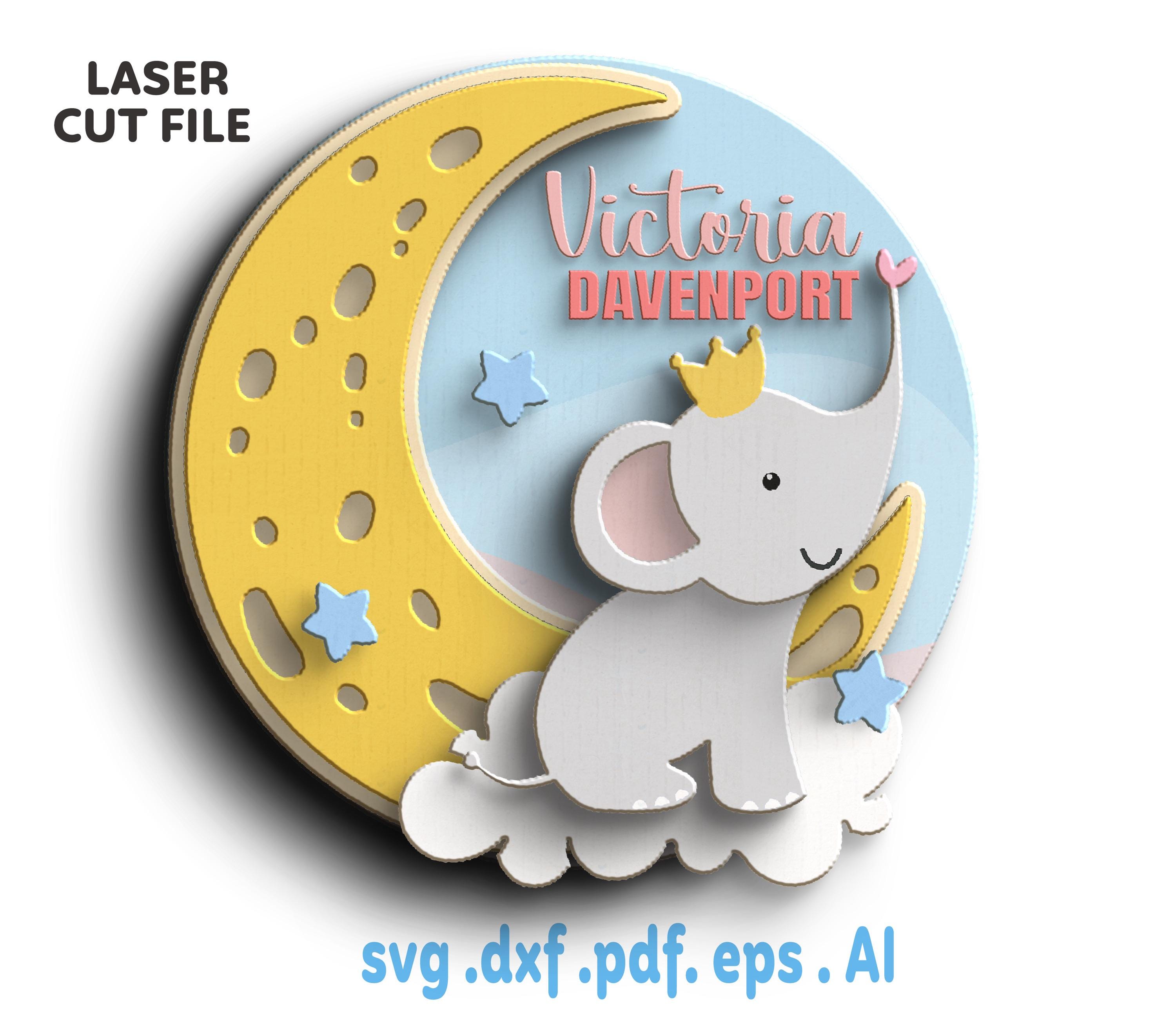 Laser Cut Elephant Moon Baby Name Sign | Nursery Decor SVG (digital ...