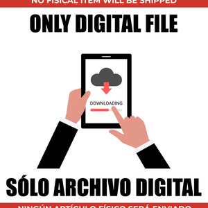 K&ouml;nnte beinhalten: Eine digitale Illustration zeigt ein Tablet mit einem Wolkensymbol und einem roten Pfeil, der einen Download anzeigt. Das Wort "DOWNLOADING" ist sichtbar. Der Text "ONLY DIGITAL FILE" steht &uuml;ber dem Tablet. Der Text "NO FISICAL ITEM WILL BE SHIPPED" ist ebenfalls enthalten.