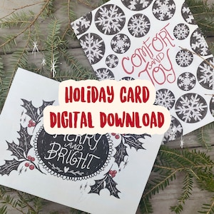 DIGITALE DOWNLOAD Merry and Bright Card, Comfort en Joy kaart, digitale download set, digitale download vakantie kaart