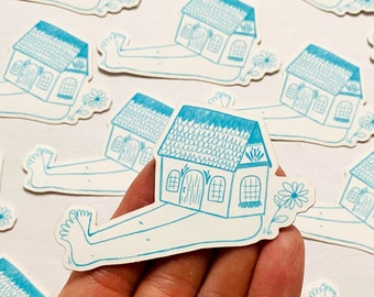 Blue House Sitting Sticker, weird sticker, folk art sticker, vinyl matte sticker