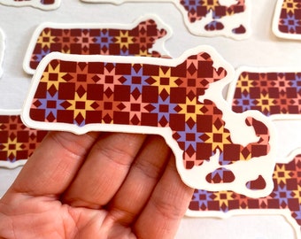 Massachusetts Star Quilt Sticker, Folk Art MA Vinyl Decal