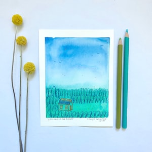 Little House in the Woods mini ink painting print, watercolor print