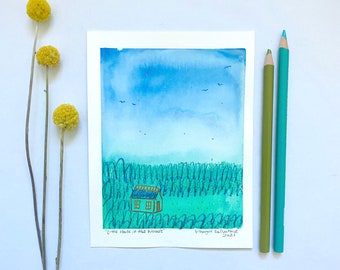 Little House in the Woods mini ink painting print, watercolor print