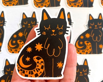 Halloween Folk Art Cat Sticker, Quilt Pattern, Matte Vinyl