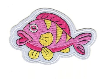 Cute Pink Fish Embroidery Patch - Pink & Yellow Fish Kids Iron-On Embroidered Patch - Child's Iron On Clothing Patch #B225