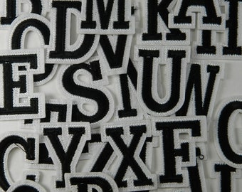 Black and White Varsity Letters Embroidery Patch - ABCs School Font Letters  Iron-On Embroidered Patch - Iron On Clothing Patch # 164-169