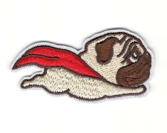 Cute Super Pug Patch - Cartoon Animal Kids Iron-On Embroidered Patch - Beige & Brown Cute Super Pug Childs Iron On Clothing Patch #B155