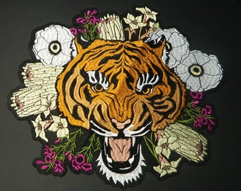 MASSIVE Tiger In Flowers Iron-On Embroidered Big Cat Tiger Patch - Big Tiger Embroidery Patch For Clothes, Jackets, Backpacks  AA55