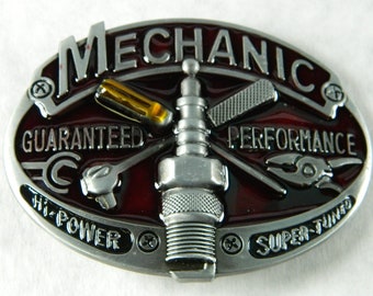 Red & Silver Mechanic Tradesman Metal Belt Buckle - Mechanic Metal Belt Buckles - Proud Belt Buckle-Unique Mechanic Pride Belt Buckles B576