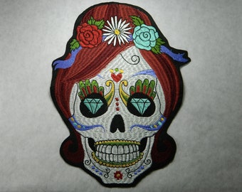 Large Sugar Skull With Diamond Eyes Dead Woman & Flowers Embroidery Iron On Patch - Skeleton Sugar Skull Print Iron-On Embroidery Patch 240