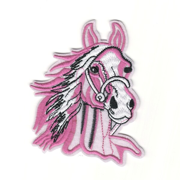 Equestrian Girls Pink Embroidered Pony Patch - Rodeo Barrels Riding Racing Pink Horse Iron-On Embroidery Patch - Coat & Jacket Patches #B165