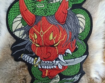 Big Red Oni Demon & Green Dragon Iron-On Embroidered Patch - Asian Mythological Oni Demon Embroidery Back Patch Iron On Patch #263
