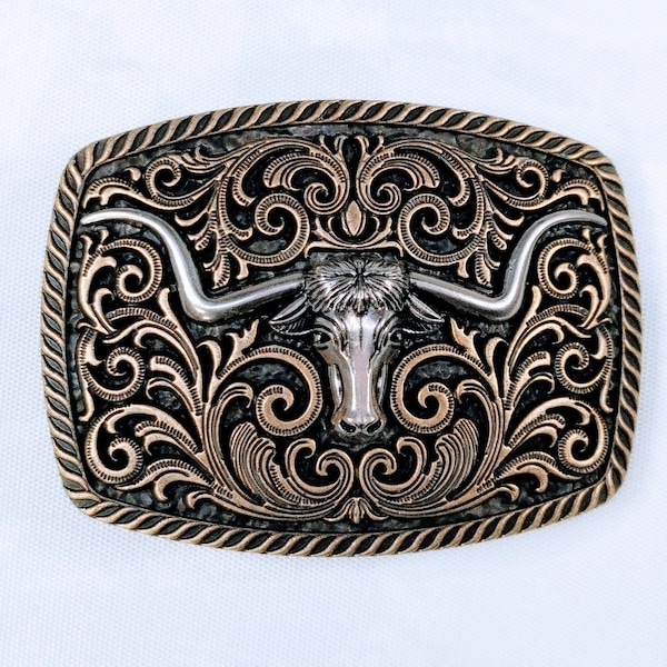 Texas Longhorn Steer Bull Metal Belt Buckle - Bronze & Silver Two Tone Cowboy Bull Head Belt Buckle -Unique Pewter Cowboy Belt Buckles #B117